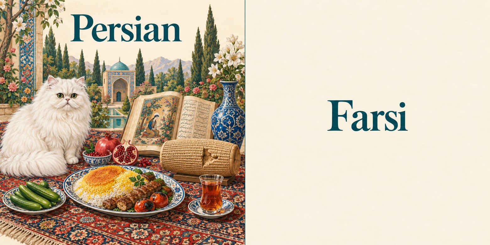 A Persian cat, rug, food, cucumbers, Cyrus Cylinder, and other cultural objects beneath Persian; opposite them, the word Farsi alone.
